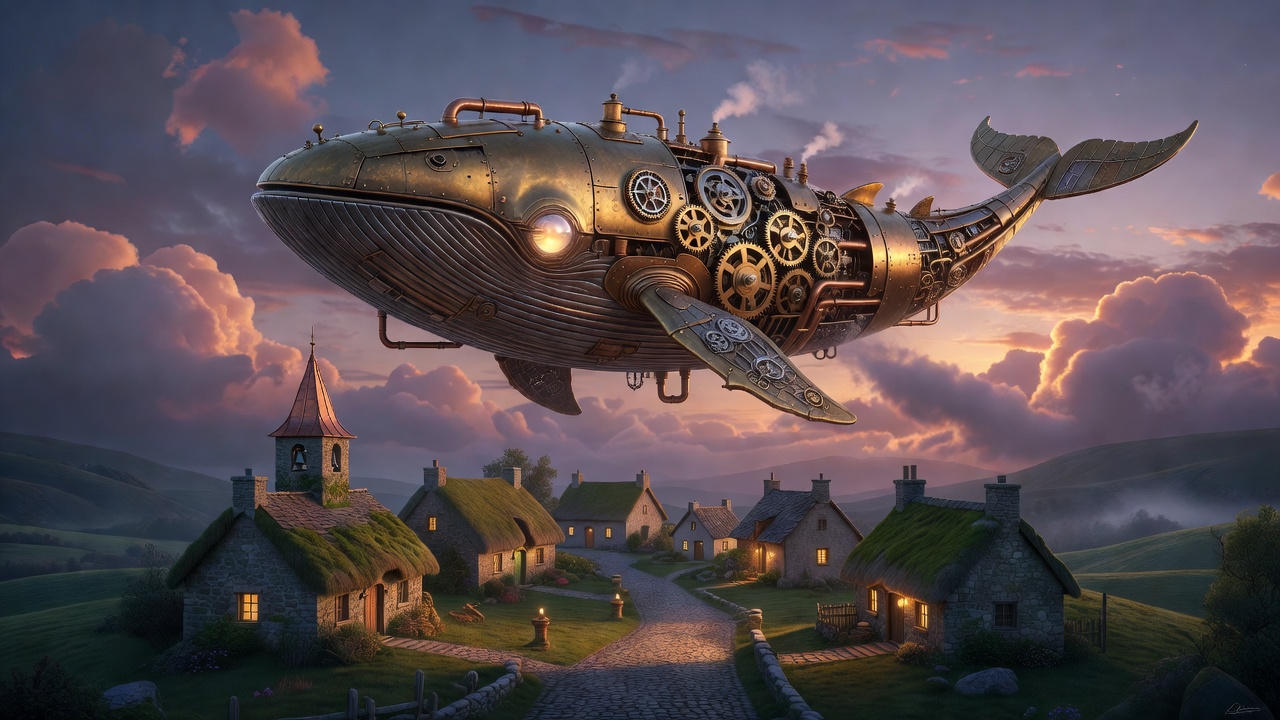Generated clockwork whale floating above a village